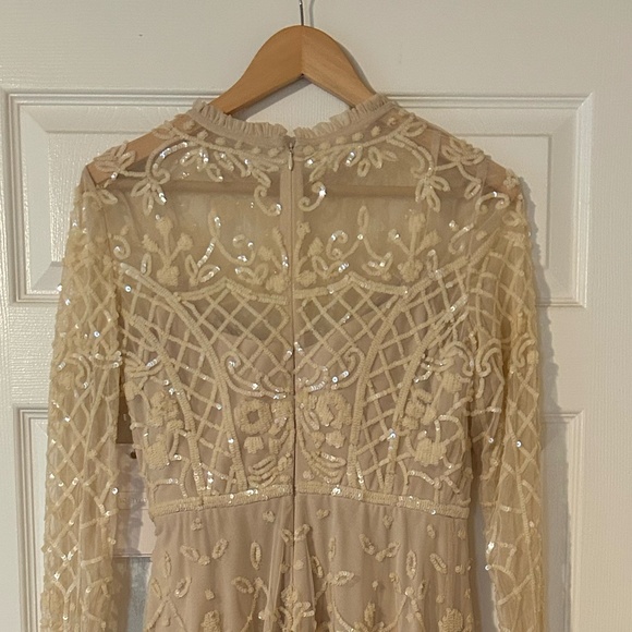 Mac Duggal Sequin Long Sleeve Mesh Midi Cocktail Dress Illusion High Neck - Picture 8 of 11